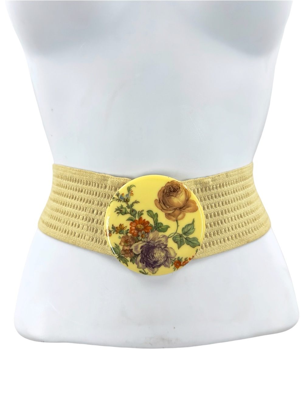Vintage Wide Stretch Belt West Germany Floral Round Statement Buckle Boho Cottag
